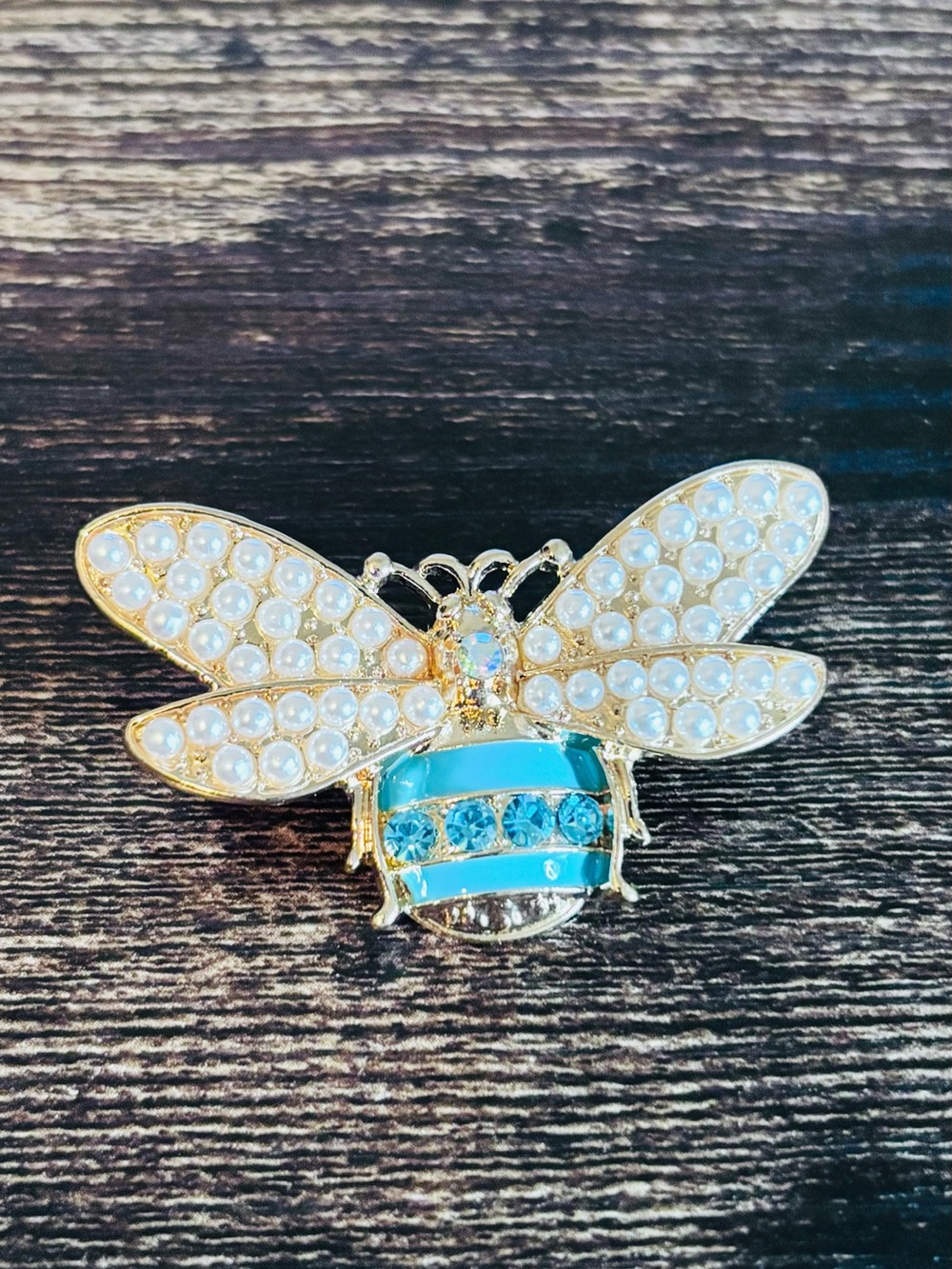 Gold Tone & Pearl Bee Brooch with Turquoise‎ and Crystal Rhinestone Accents